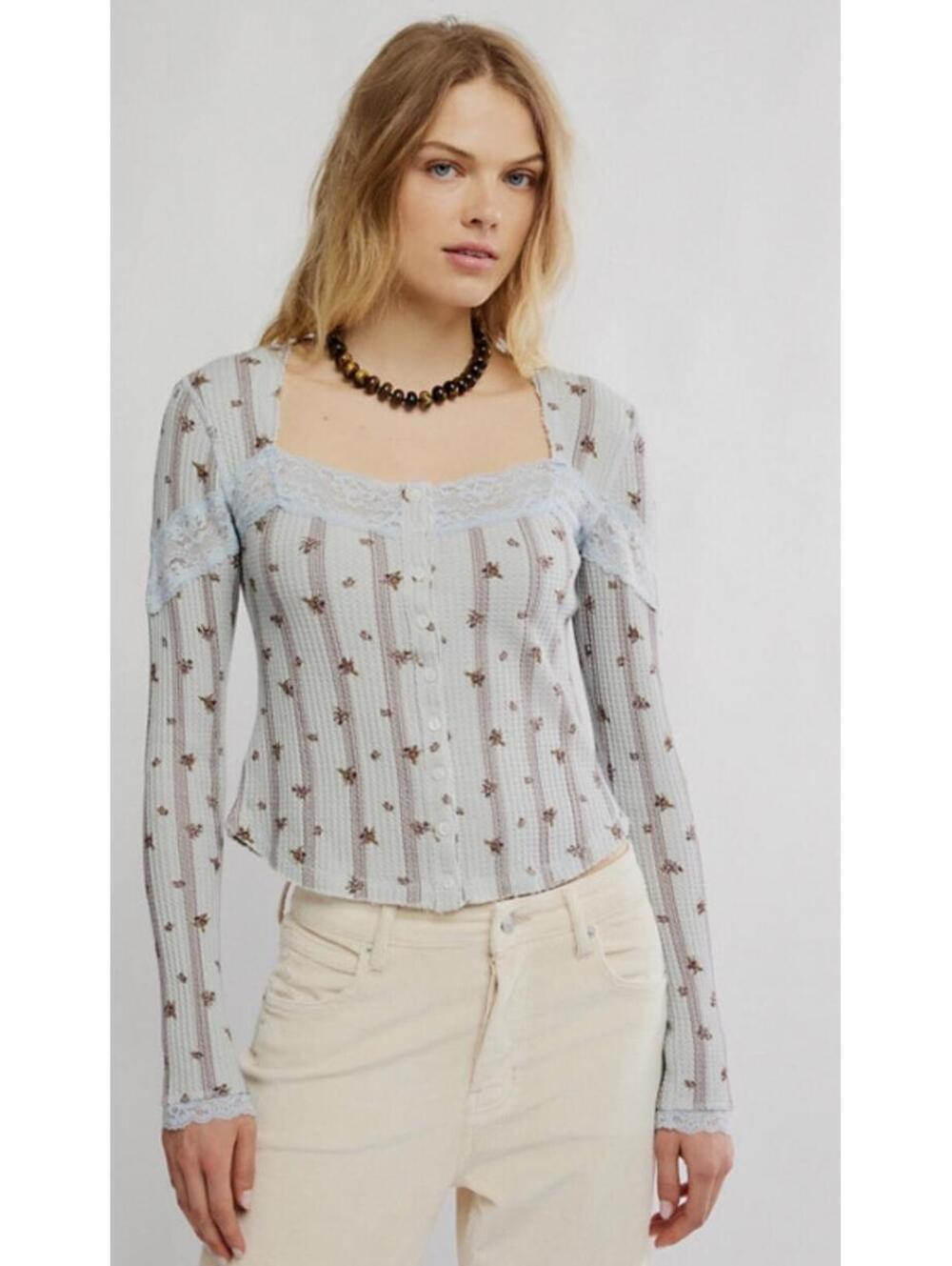 Free People Let's Party Long Sleeve Lace Waffle Top - Women's XL NWOT